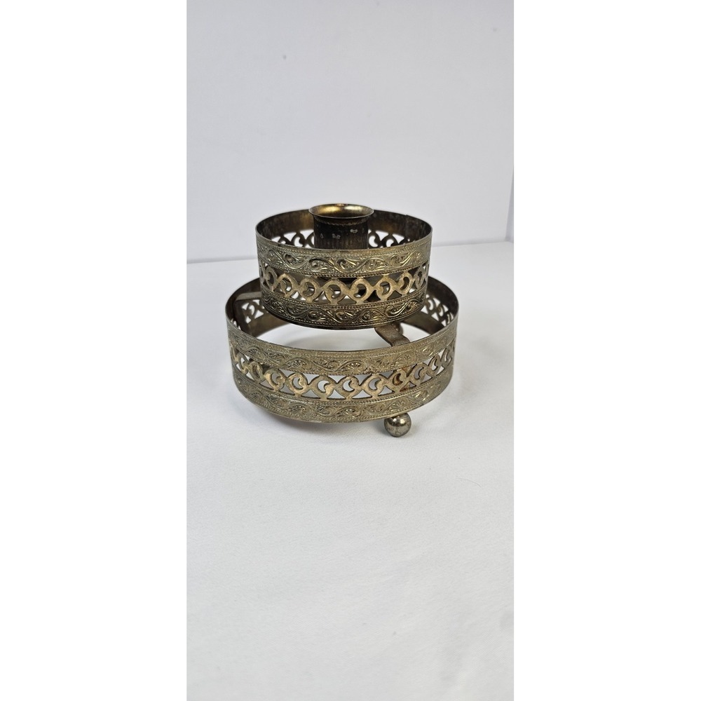 Vintage Brass‎ Tone Pierced Scrollwork Filigree-Style Taper Candle Holder 4.25"